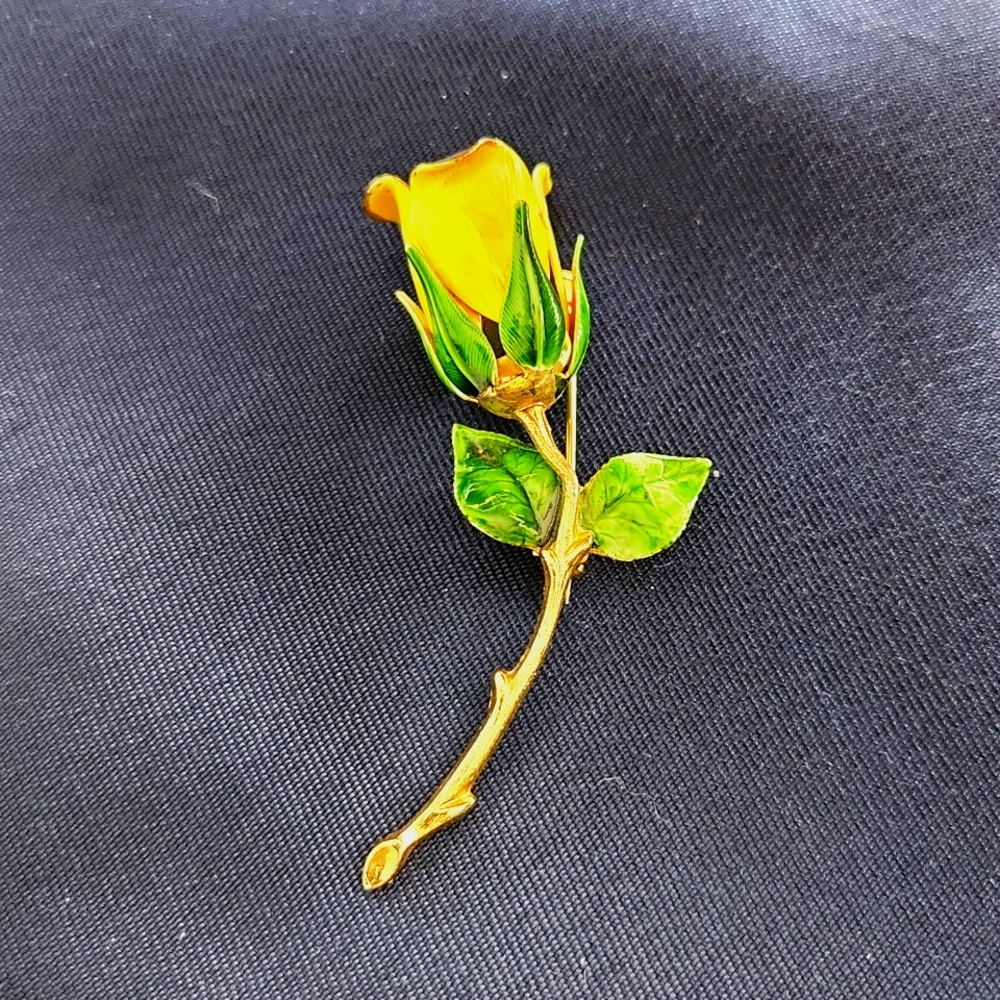 Vintage Enamel Yellow Rose gold tone Stem Brooch Pin